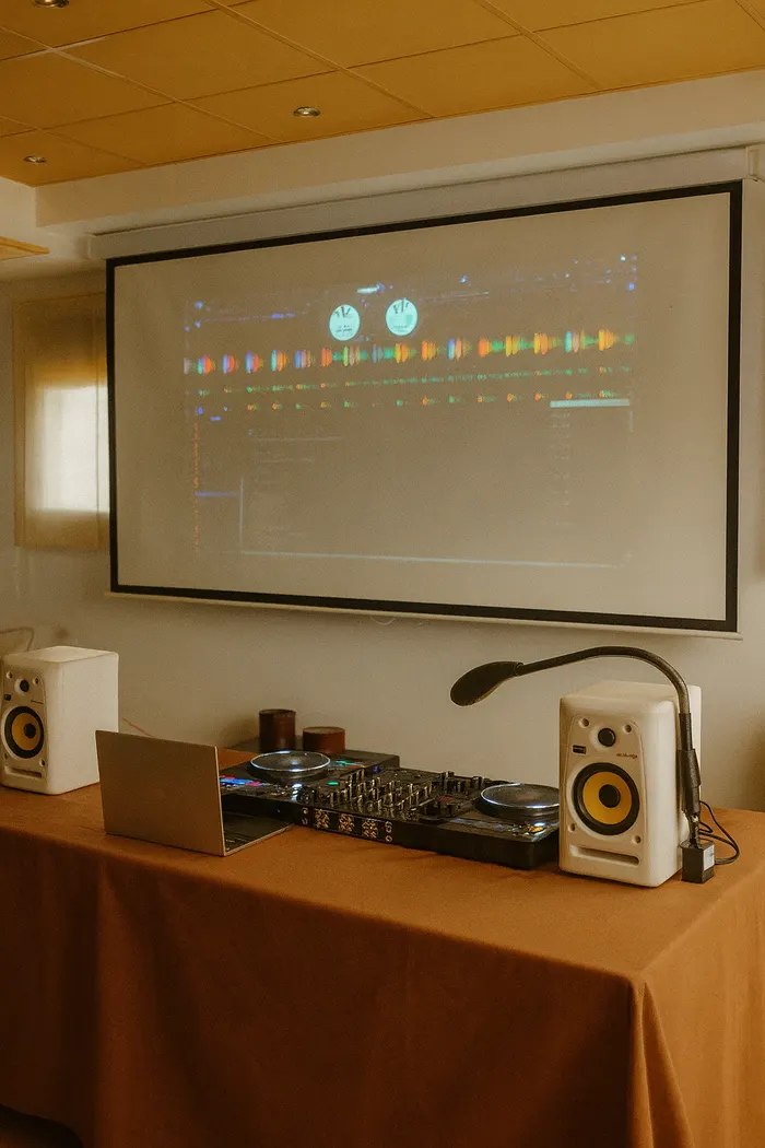 Aula con pantalla de proyección, controladora y monitores