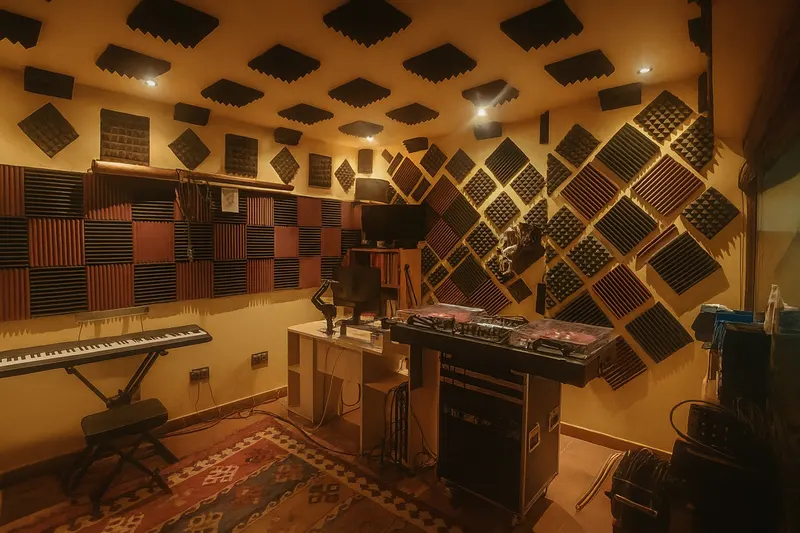 Estudio con paneles acústicos, piano y cabina de DJ con dos platos